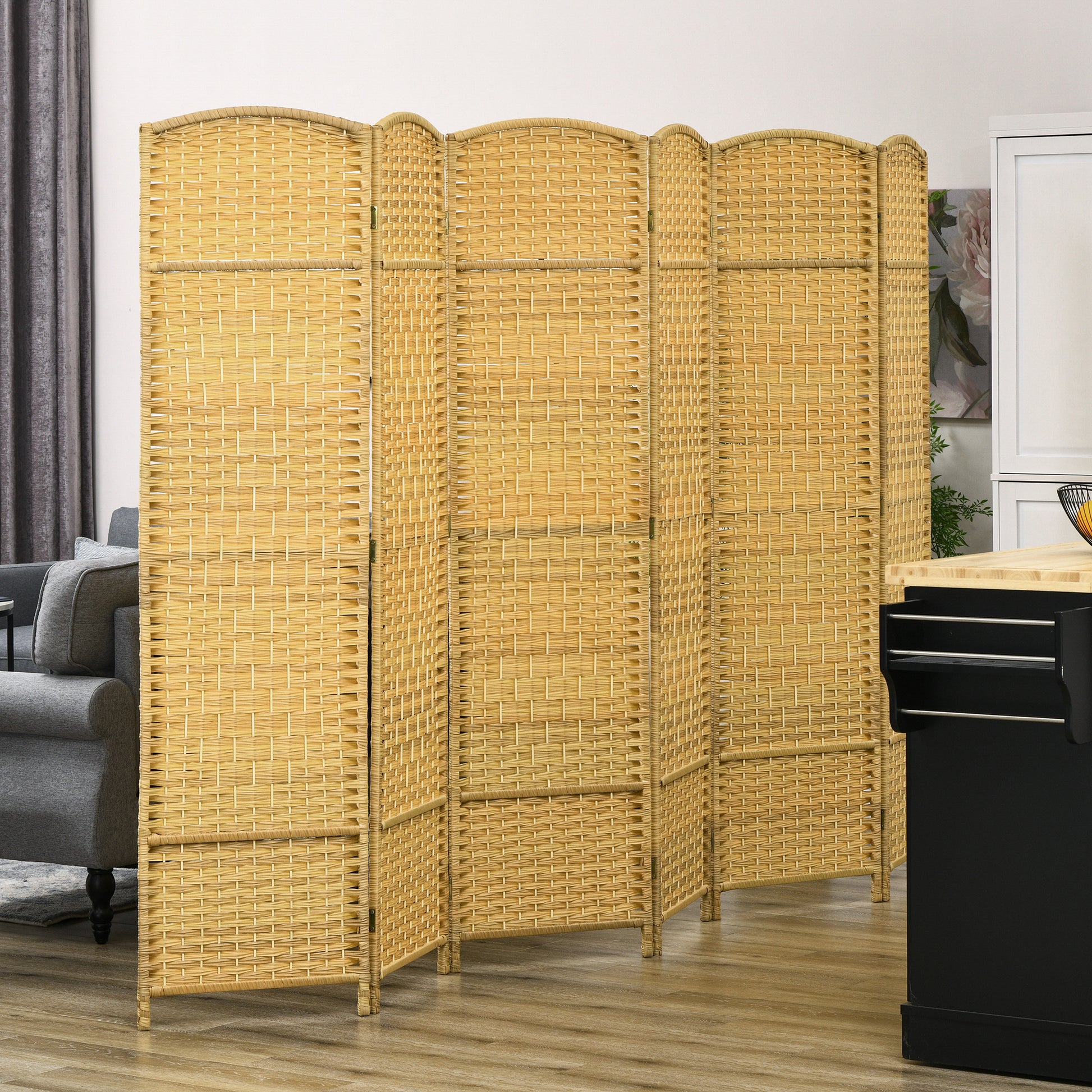 Natural woven rattan panel room divider offering privacy and decorative appeal