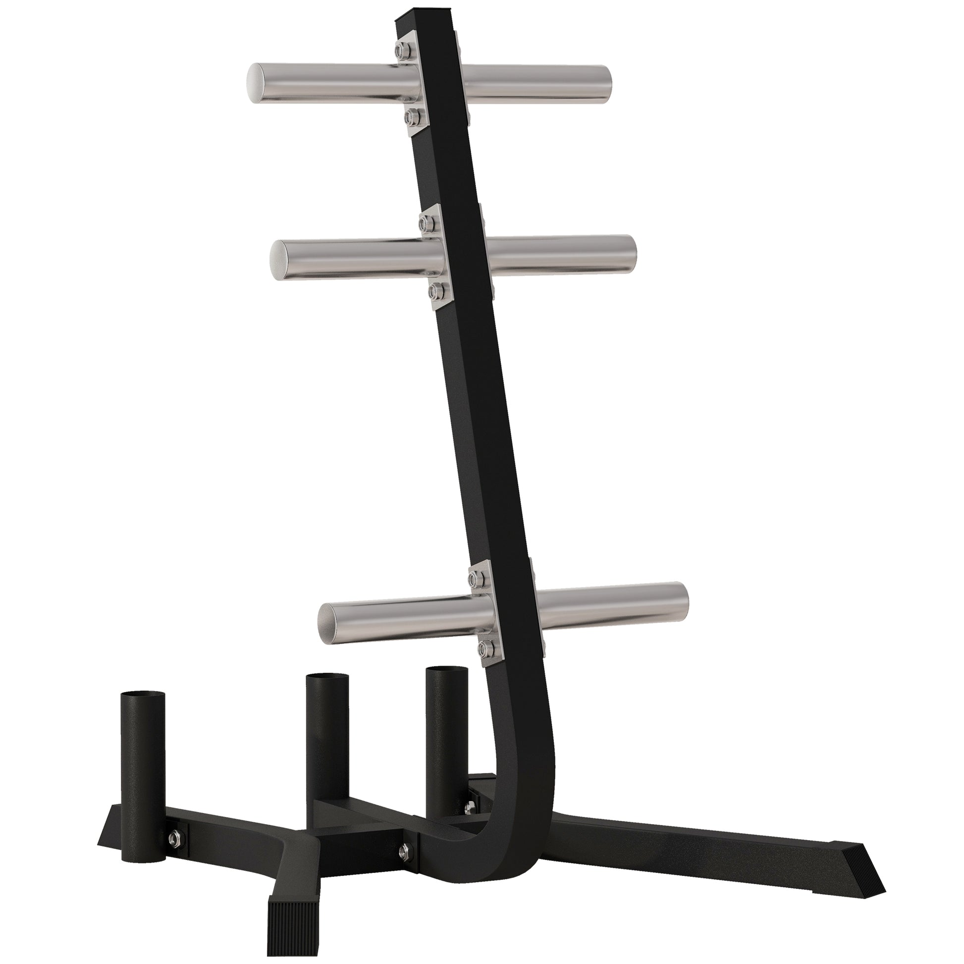 Black Olympic weight plate tree with four chrome horizontal storage pegs and two vertical sleeves