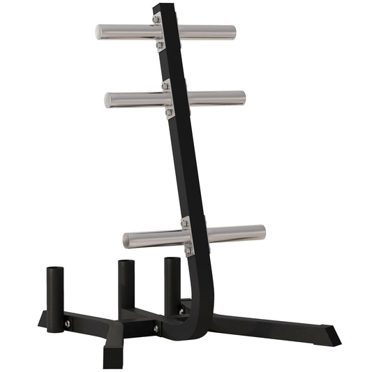 Black Olympic weight plate tree with four chrome horizontal storage pegs and two vertical sleeves