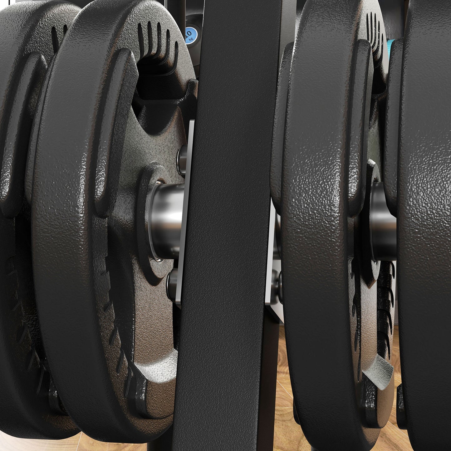 Set of textured black cast iron weight plates with silver center hole