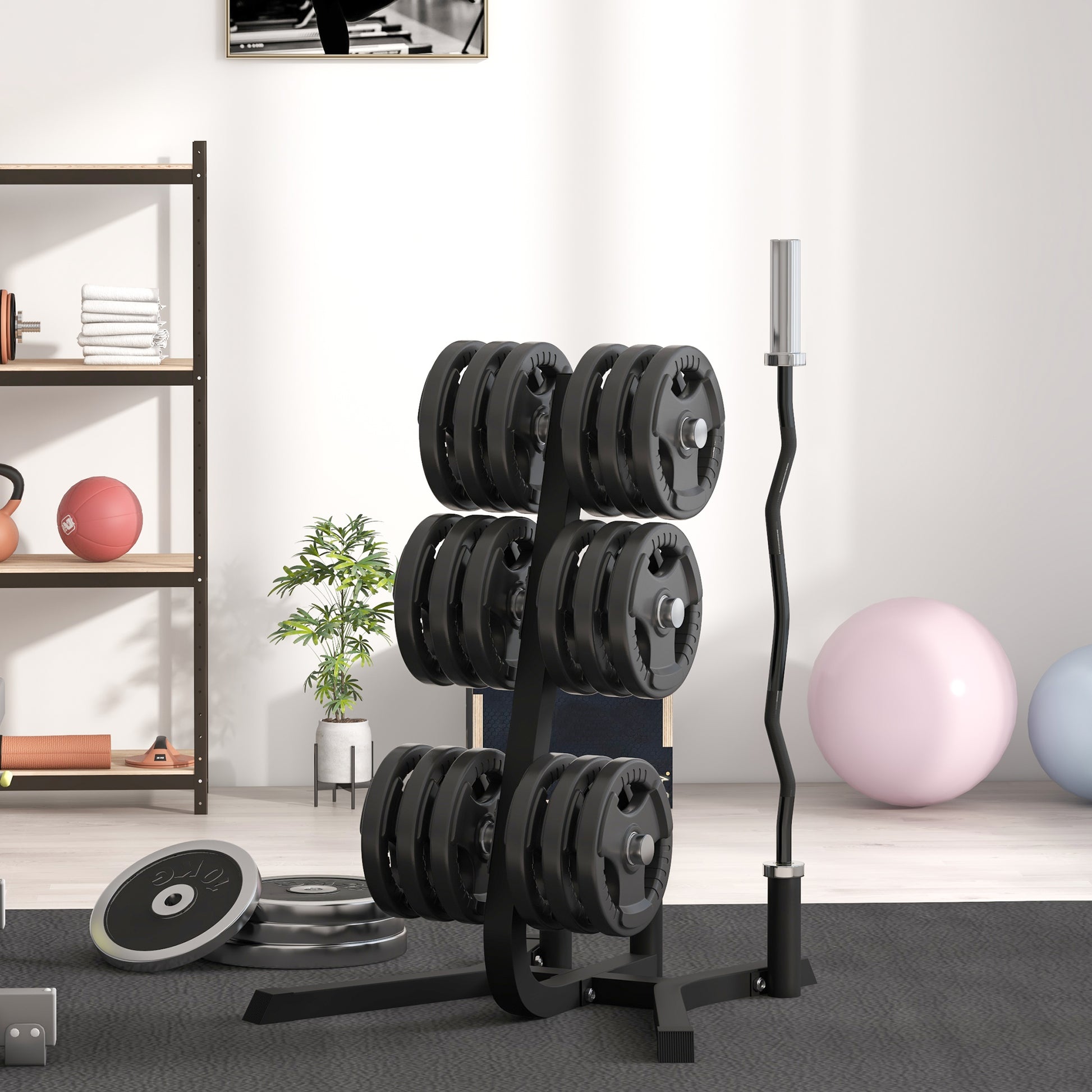 Black weight plates neatly stacked on a threetier weight plate rack for home gym use