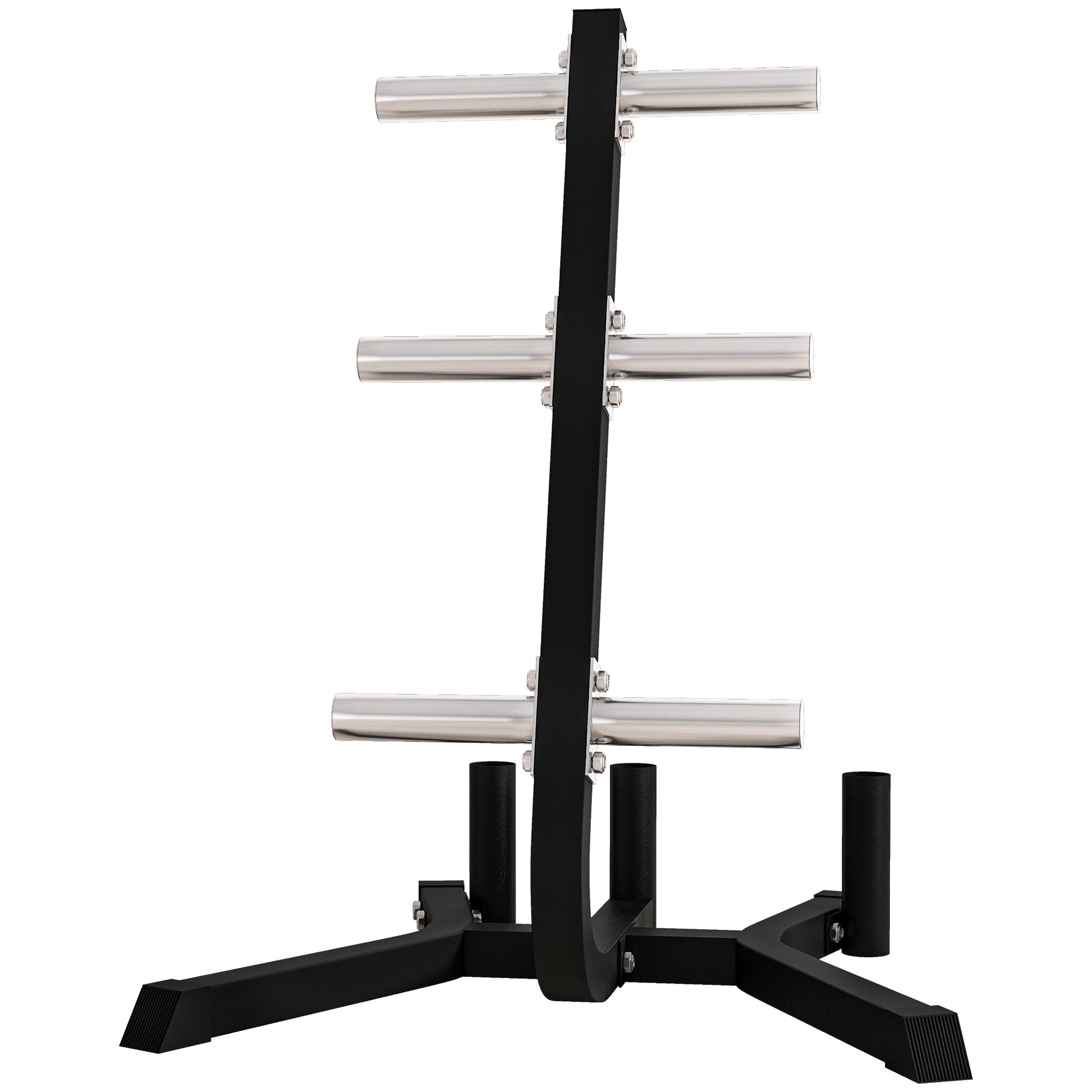 Black steel weight plate tree rack with three chrome horizontal storage bars