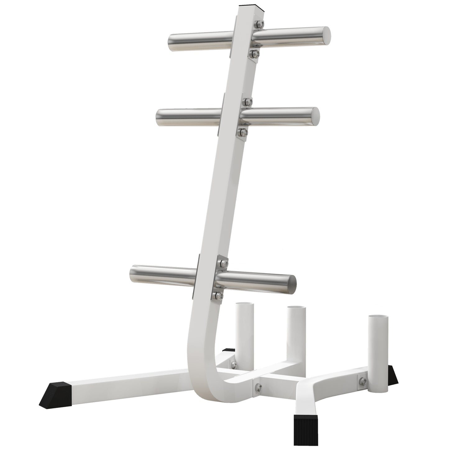 White Olympic weight plate tree with chrome storage pegs for home gyms