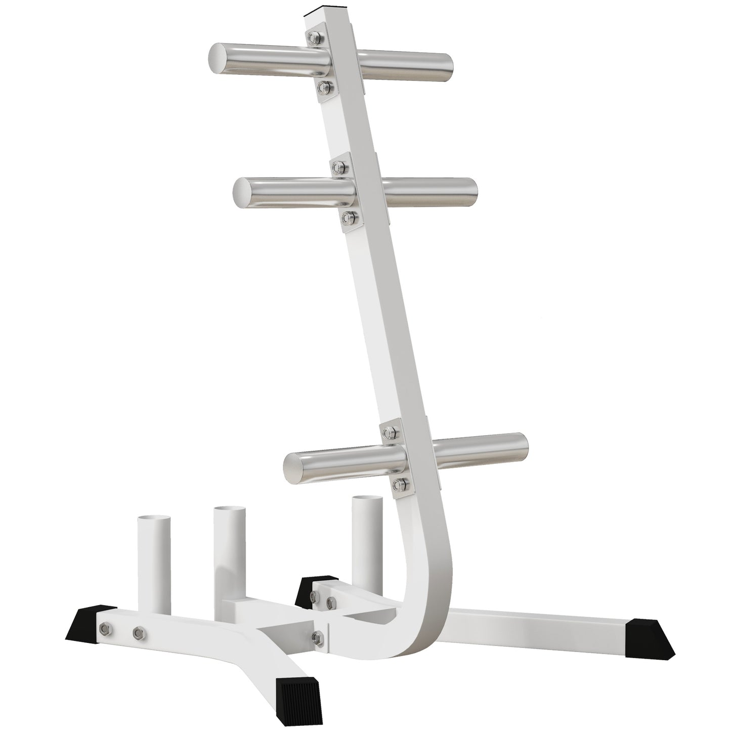 White weight plate rack with chrome pegs for Olympic plates