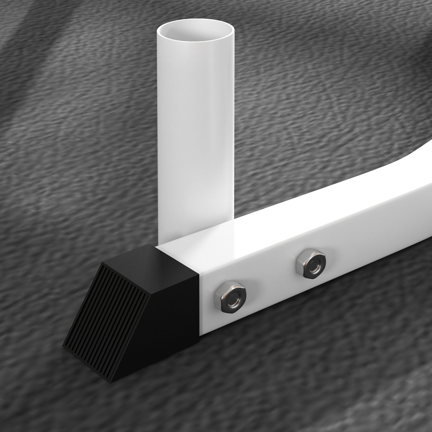 White metal bench leg with black rubber foot and silver bolts for assembly
