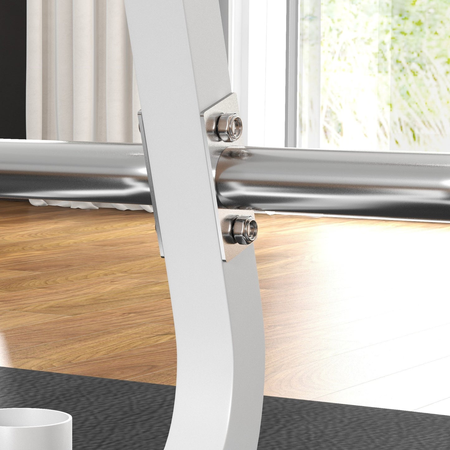 White metal bar stool with sleek chrome legs and a comfortable footrest