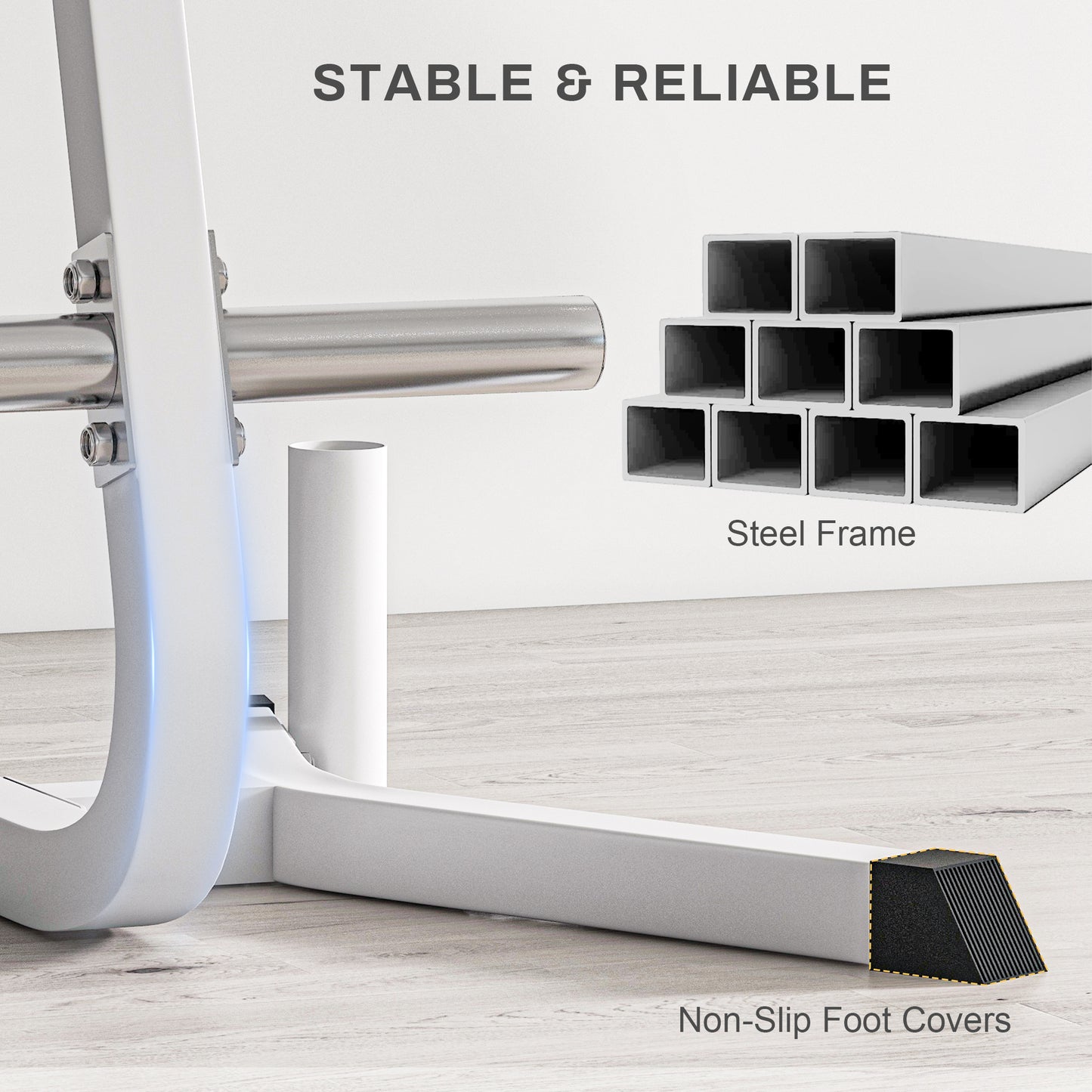 White steel frame with nonslip foot covers for stable equipment