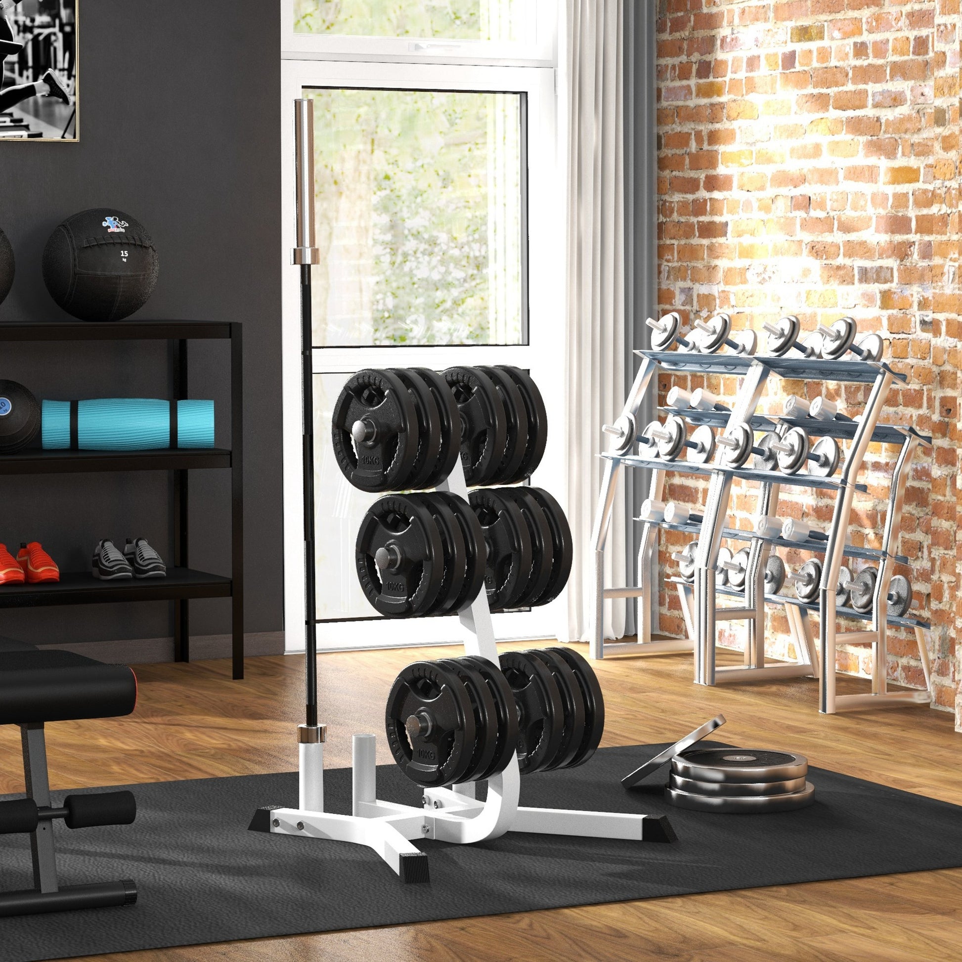 White weight plate rack holding twelve kg weight plates for home gym workouts