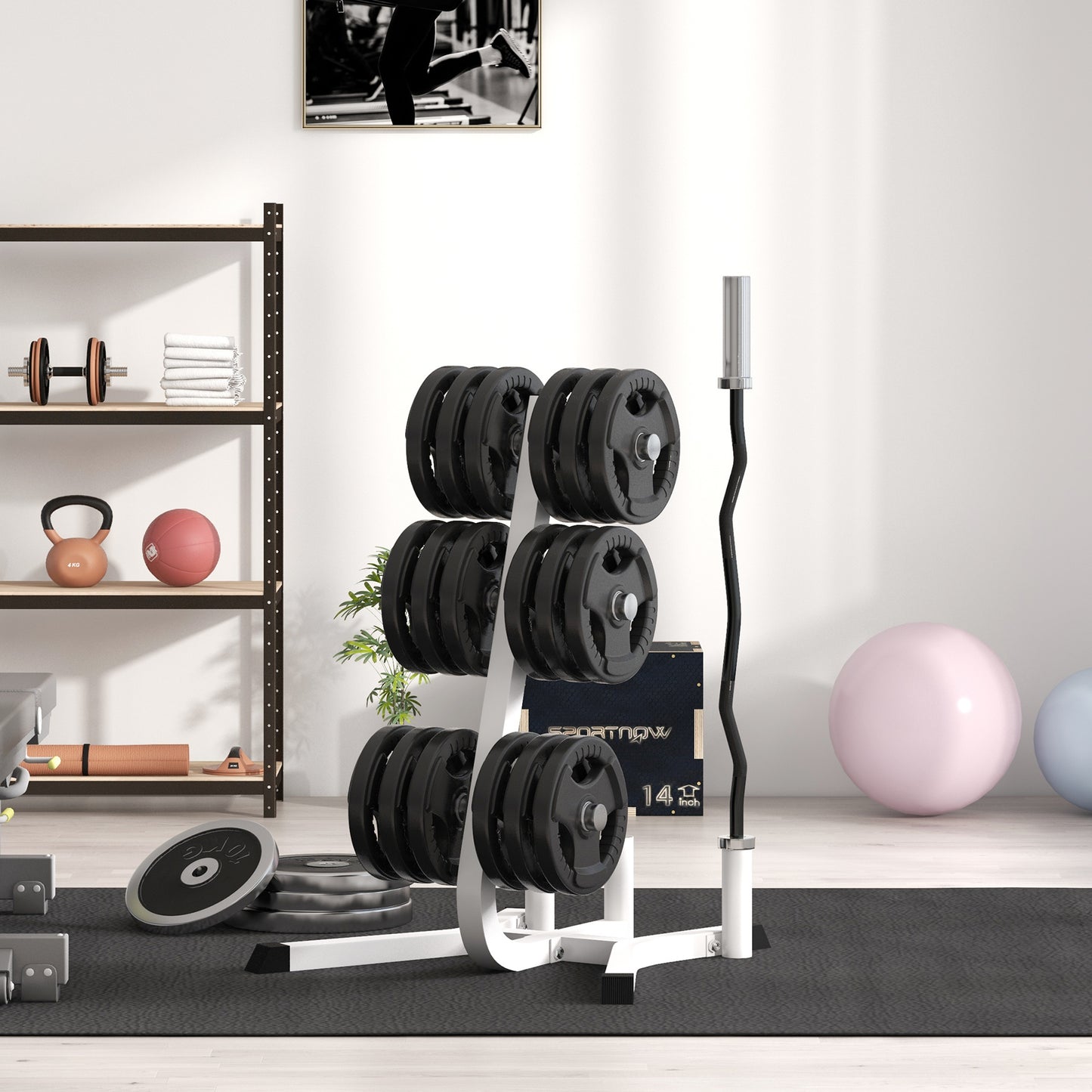 White barbell weight tree with six black weight plates