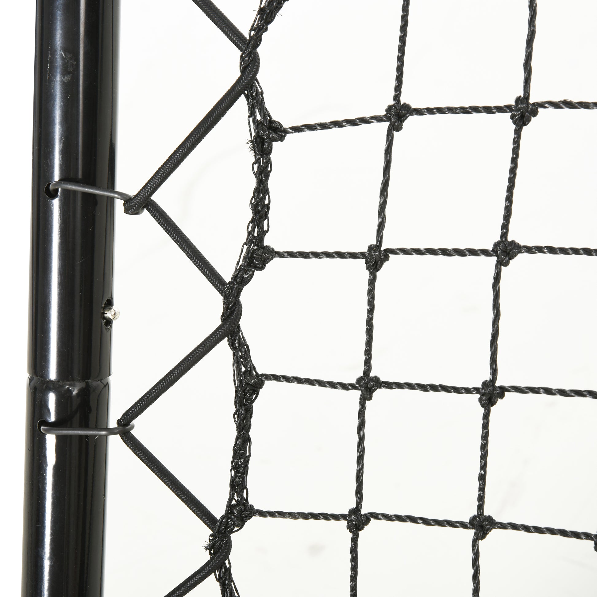 Closeup of durable black braided knot netting on a sports training rebounder