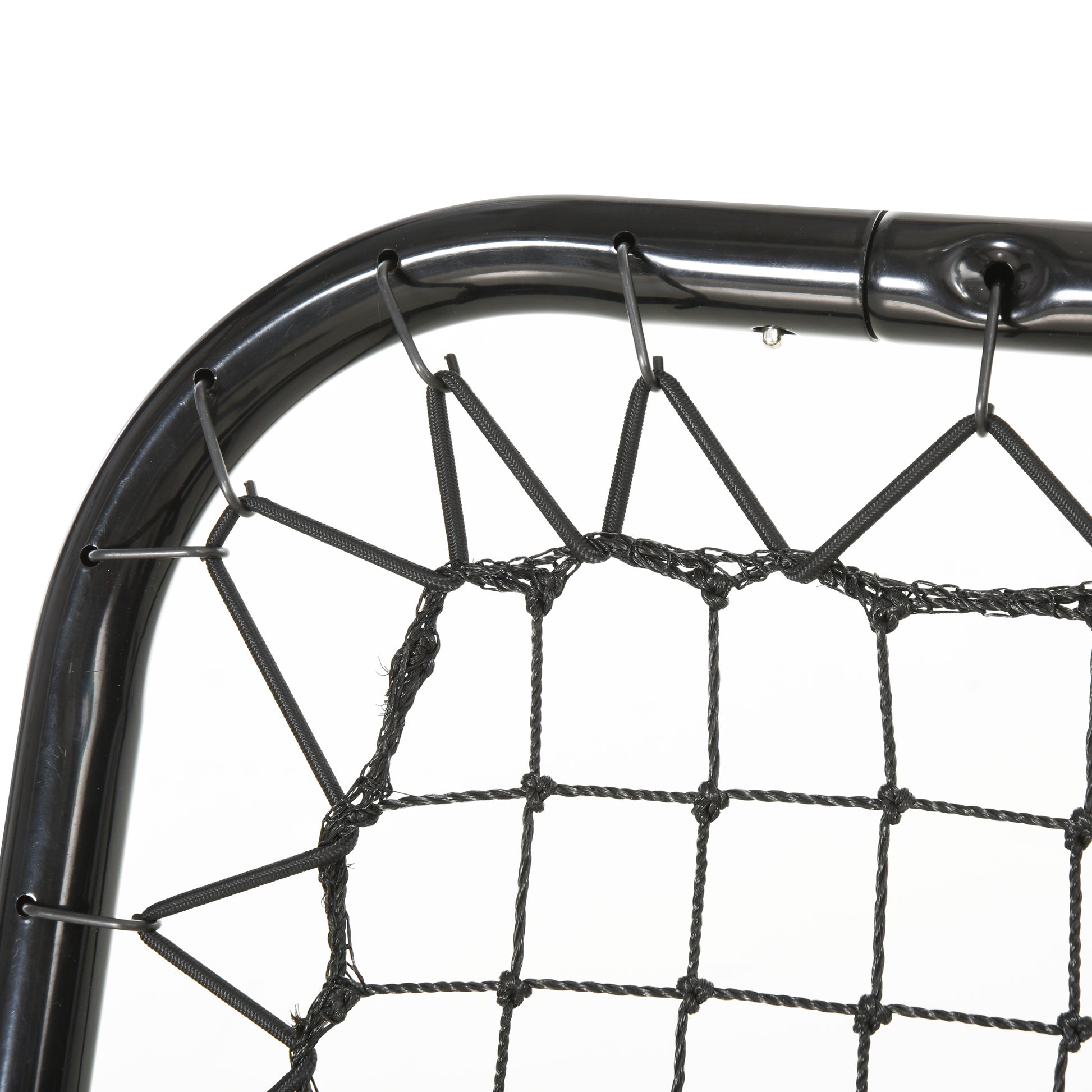Closeup of black metal frame and net for a rebounder