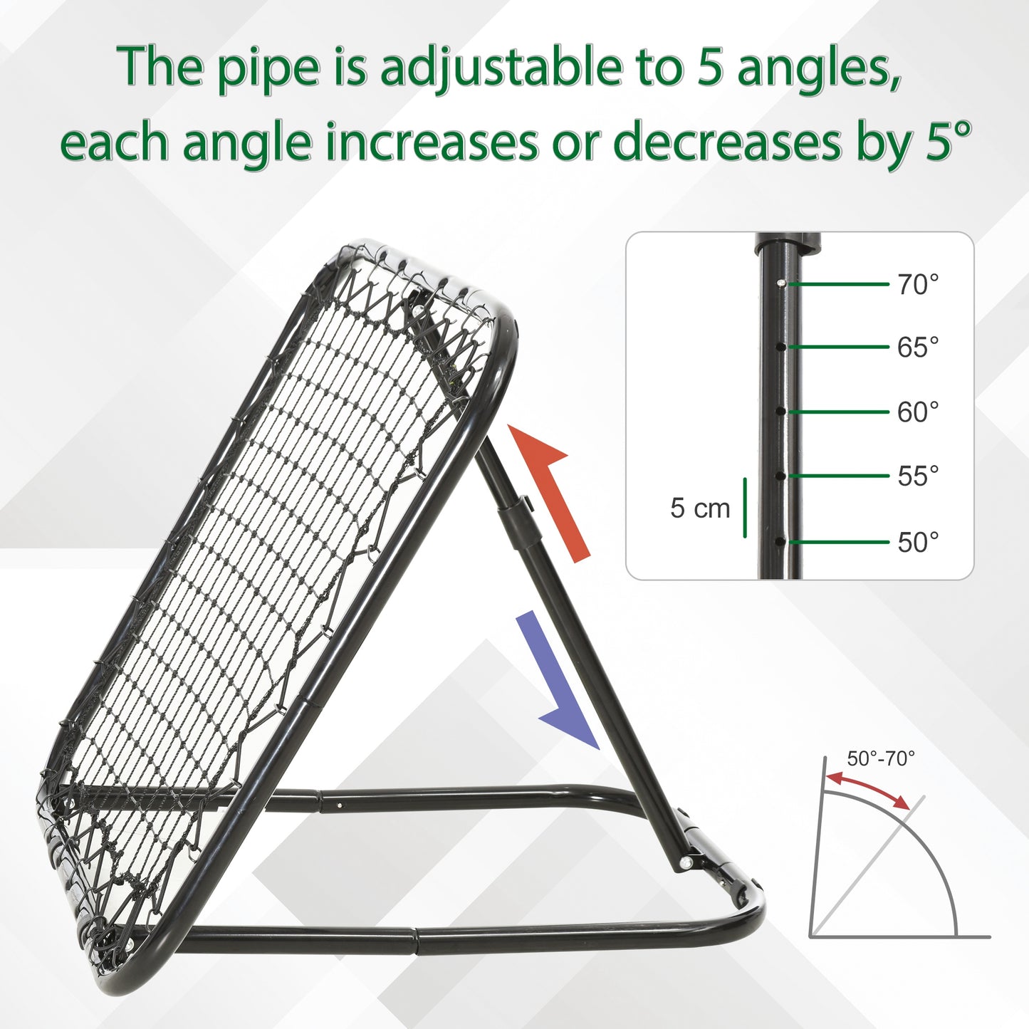 Adjustable rebounder net with black metal frame and mesh for soccer training