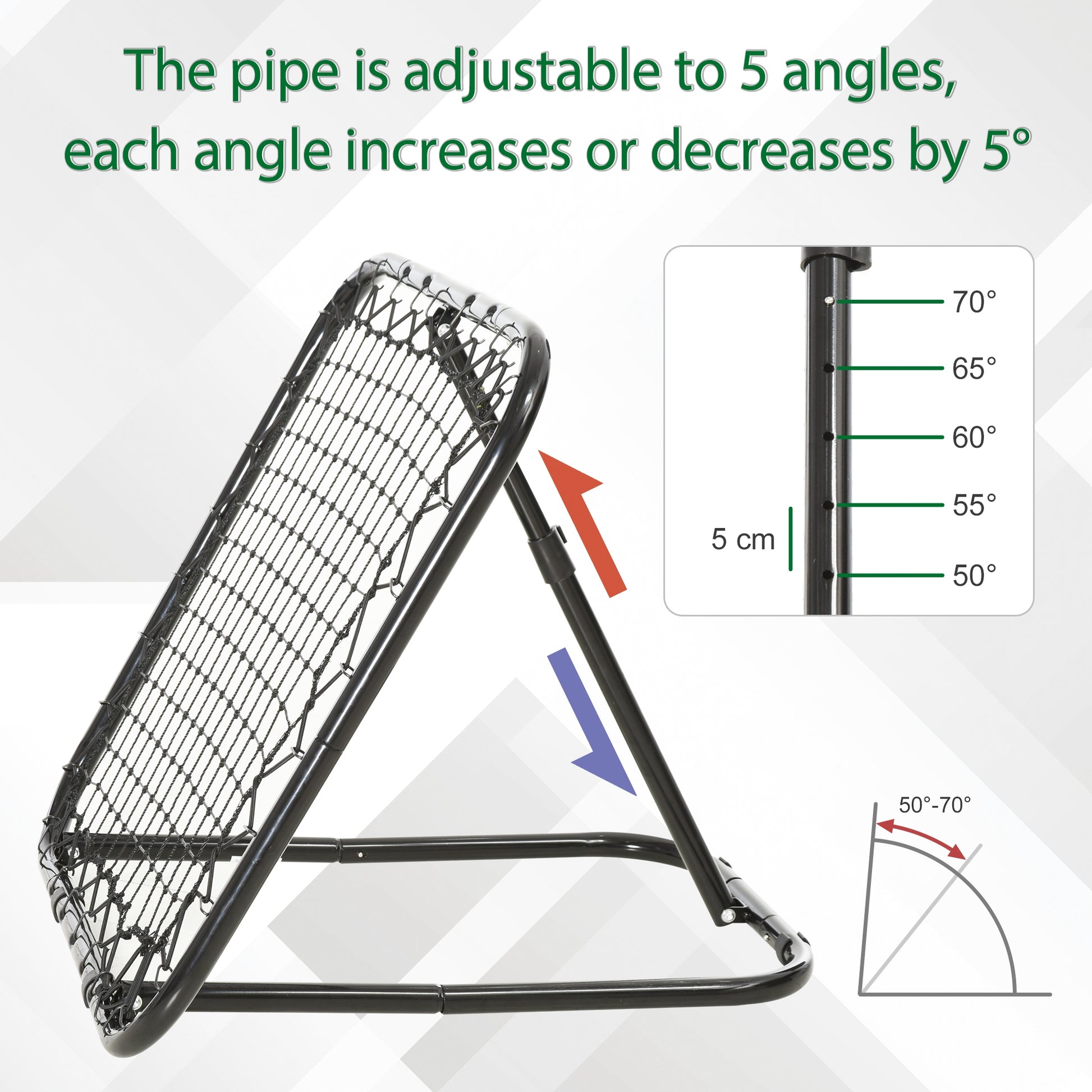 Adjustable rebounder net with black metal frame and mesh for soccer training