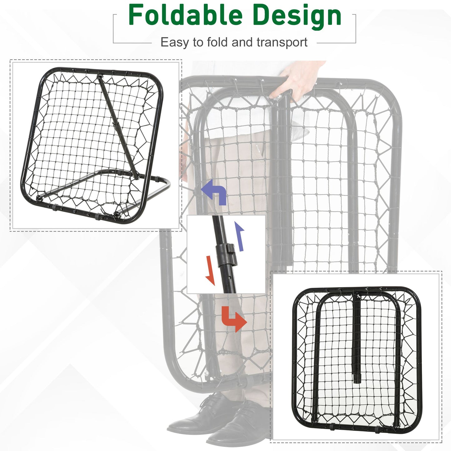 Black metal soccer rebounder net with foldable frame easy for transport