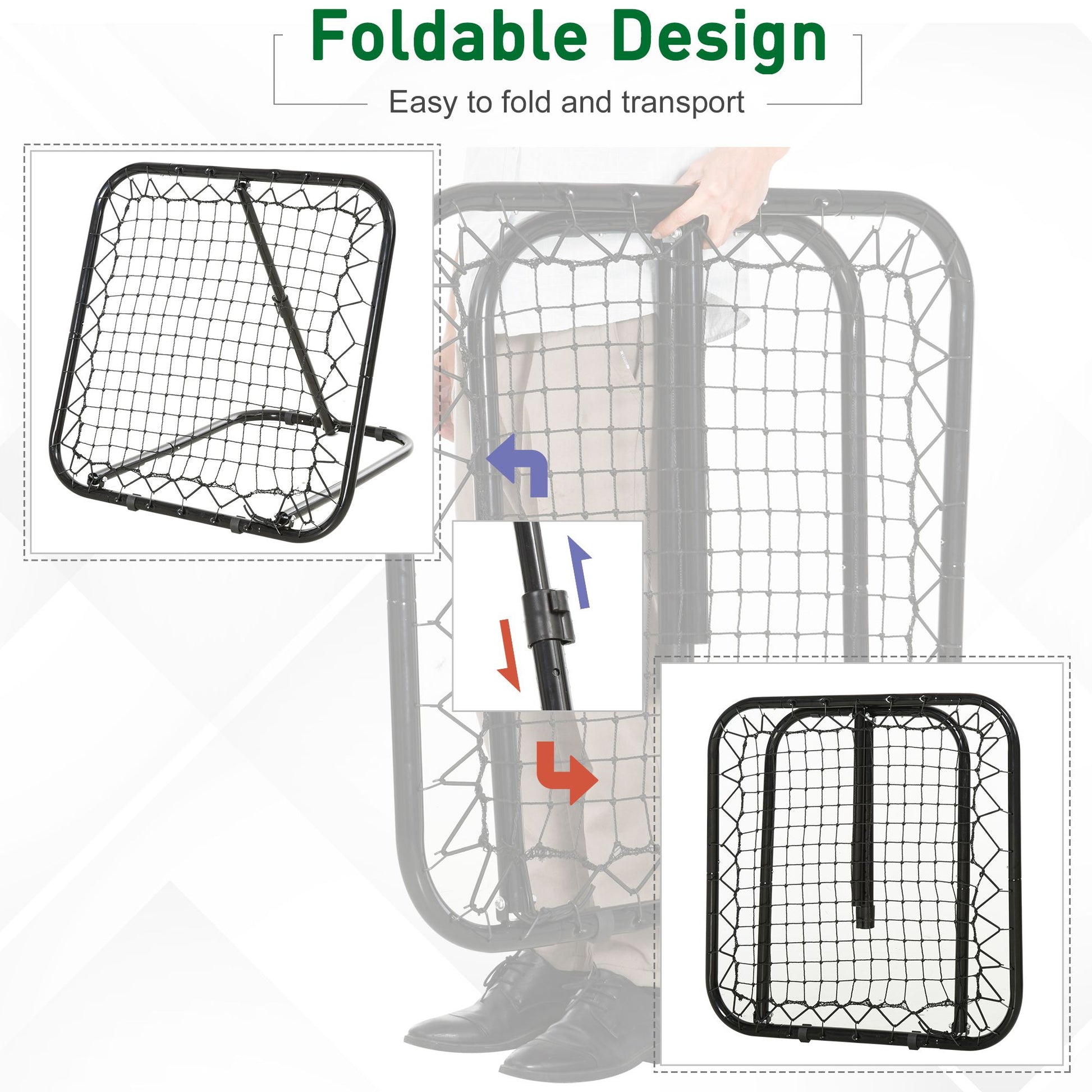 Black metal soccer rebounder net with foldable frame easy for transport