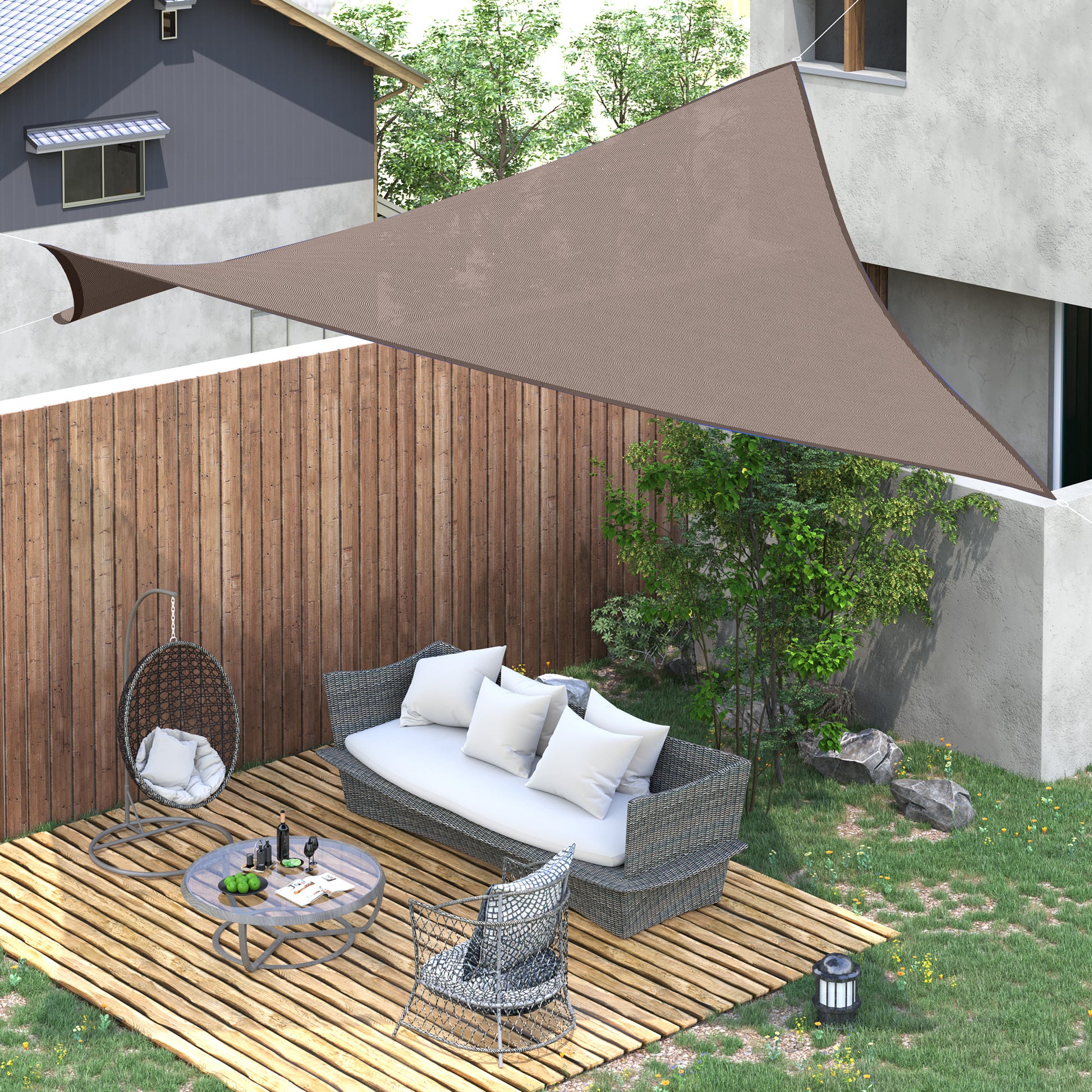 Triangle shade sail in taupe perfect for patio and garden sun protection