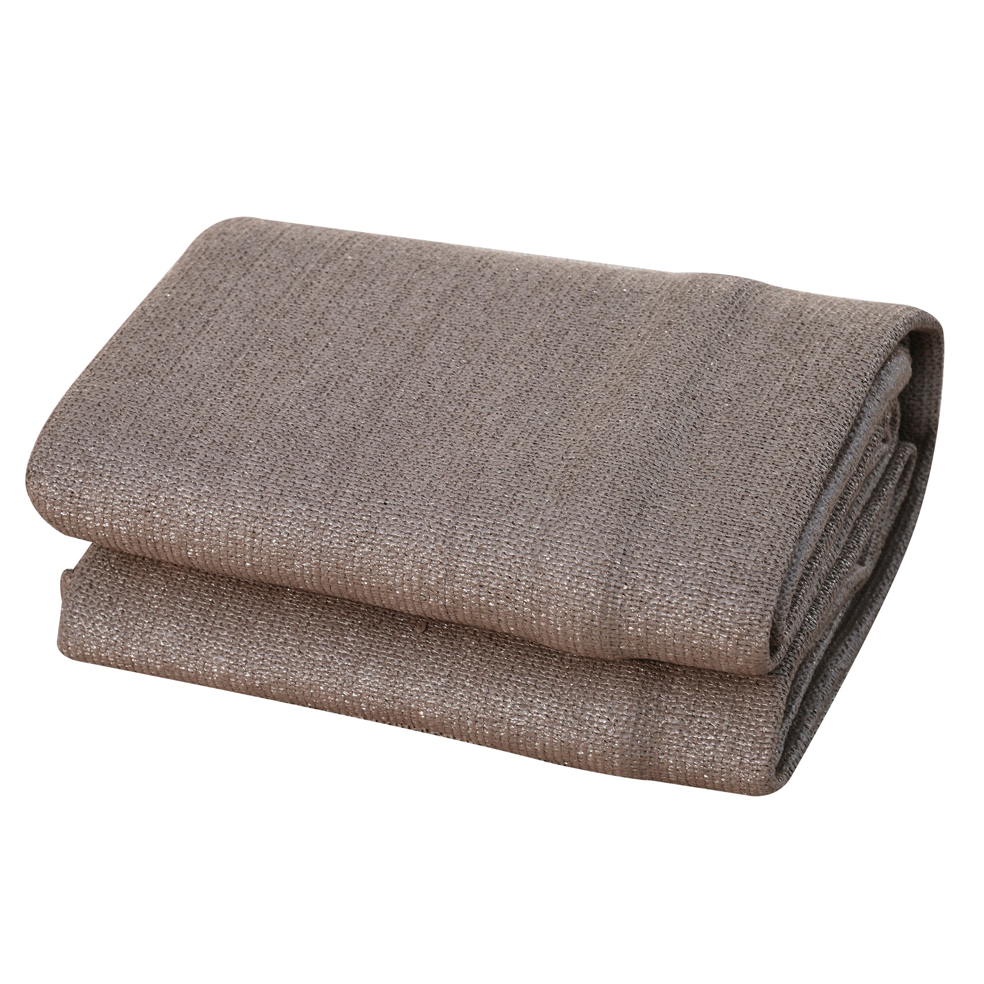 Folded brown shade cloth fabric for garden use with a woven texture and a slightly shimmering finish