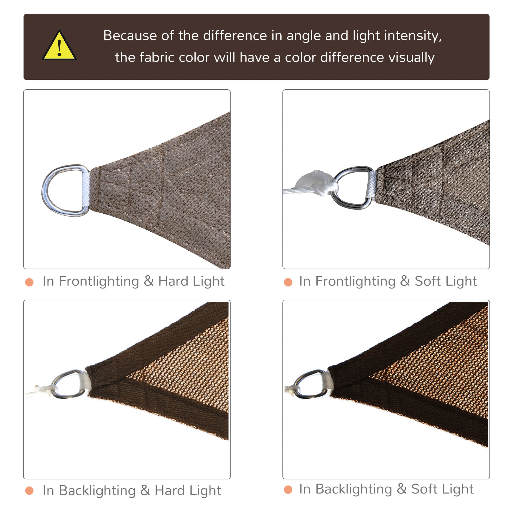 Brown shade sail with Dring attachment shown in front lighting and hard light conditions