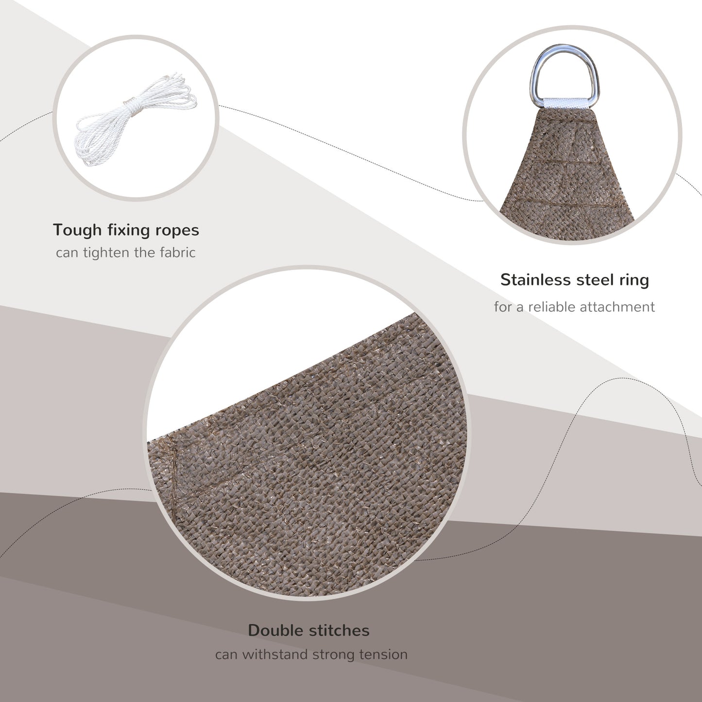 Durable tan shade sail with reinforced stitching and a stainless steel Dring for secure outdoor shade
