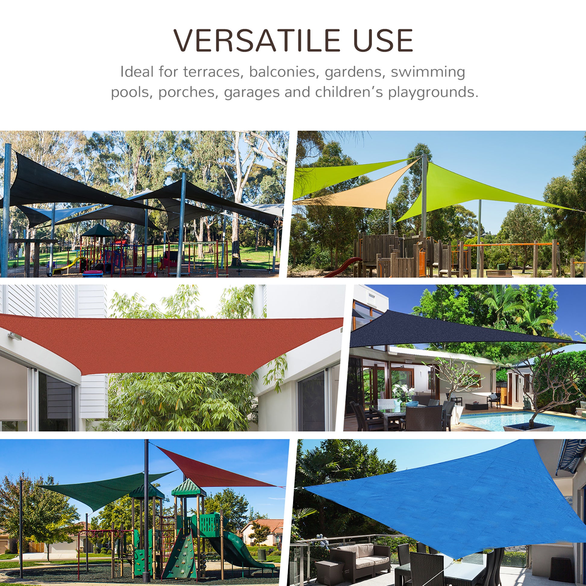 Multiple dark grey shade sails stretched over a park playground for sun protection