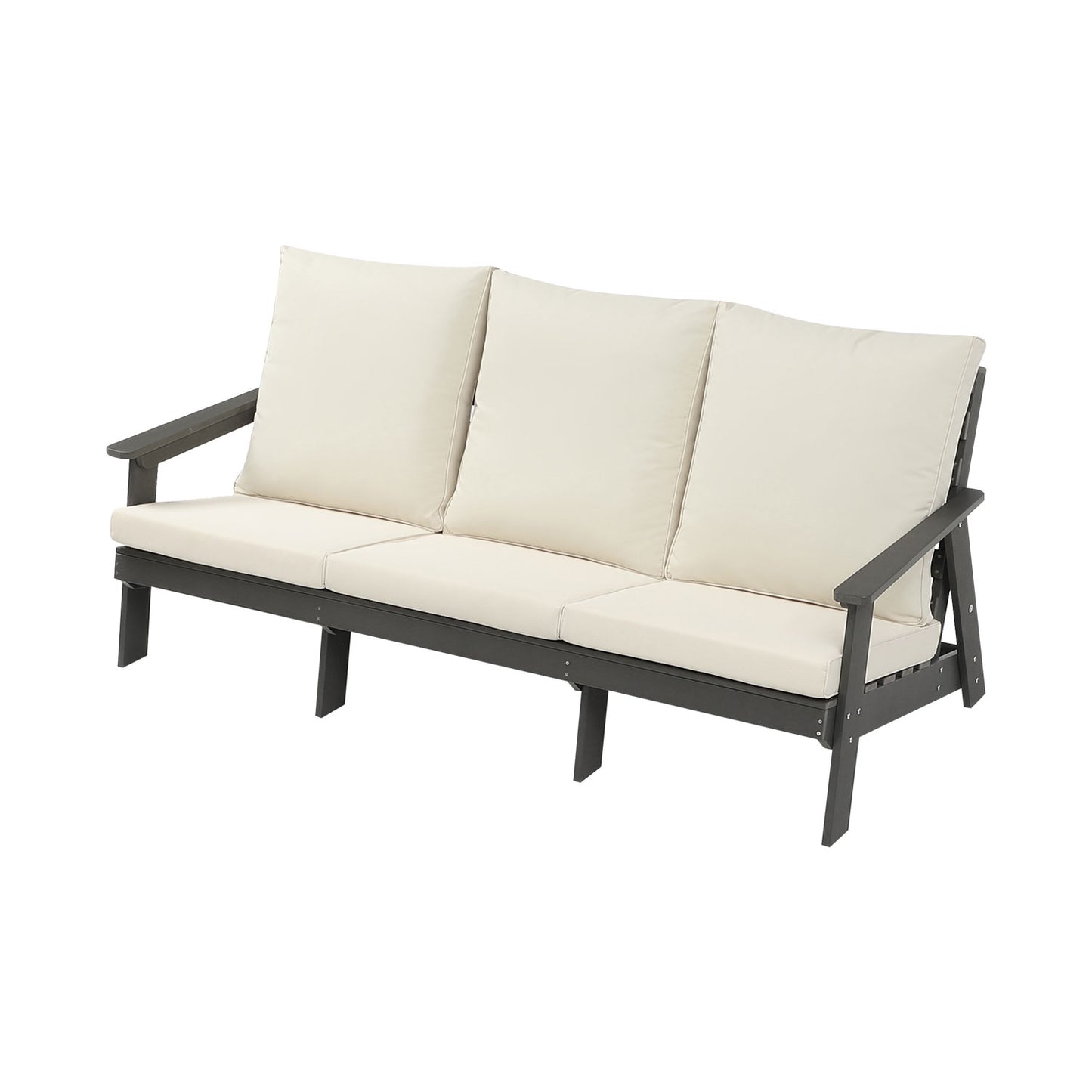 Dark grey wooden outdoor sofa with cream cushions seater design