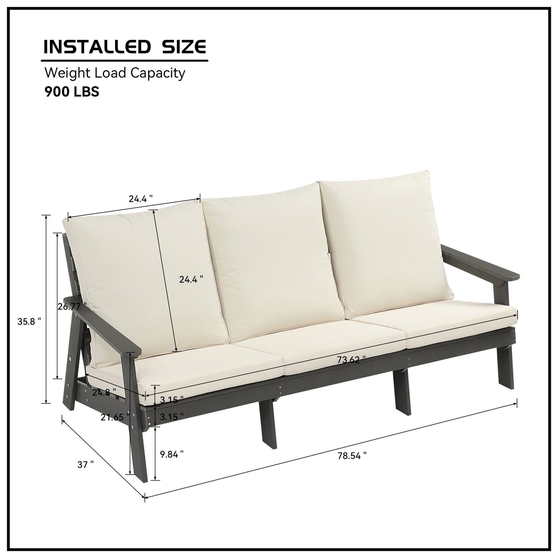 Dark gray patio sofa with three cream cushions showing dimensions and  lbs weight capacity