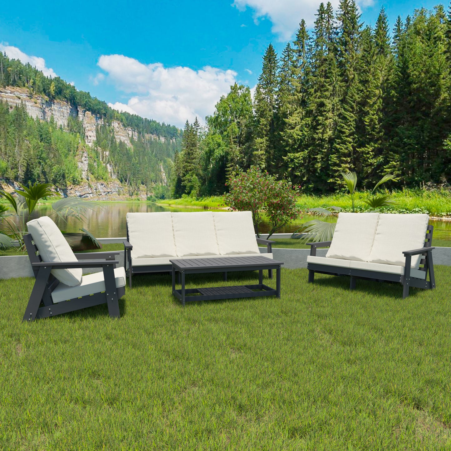 Charcoal Adirondack chair with white cushions on lush green grass