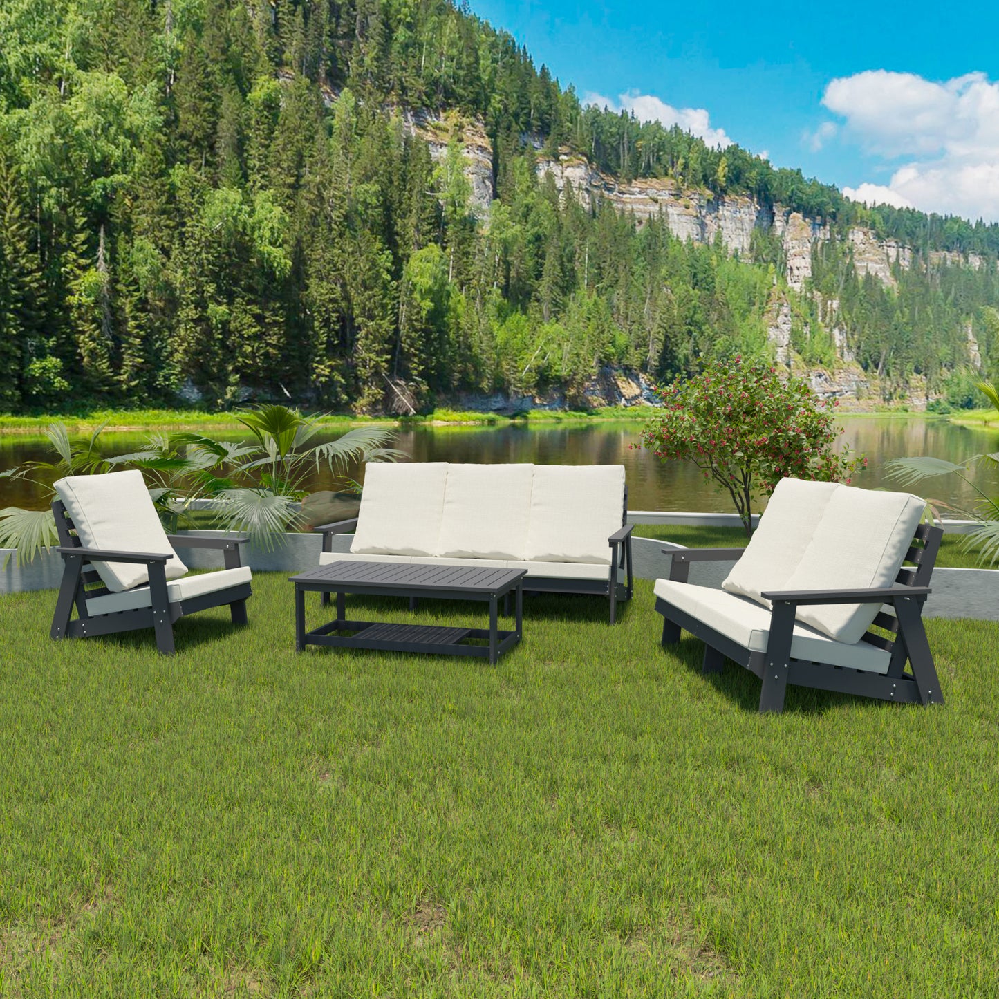 Charcoal grey Adirondack patio furniture set with cream cushions on lush green grass