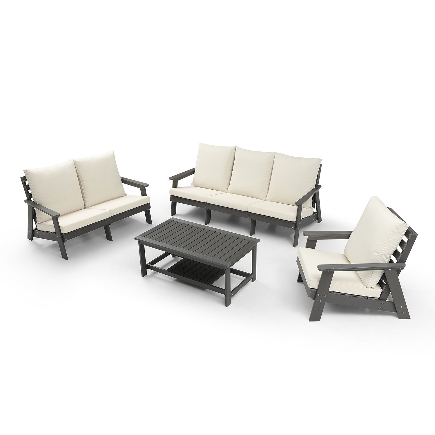 Dark gray modern outdoor furniture set with cream cushions including sofa and chair