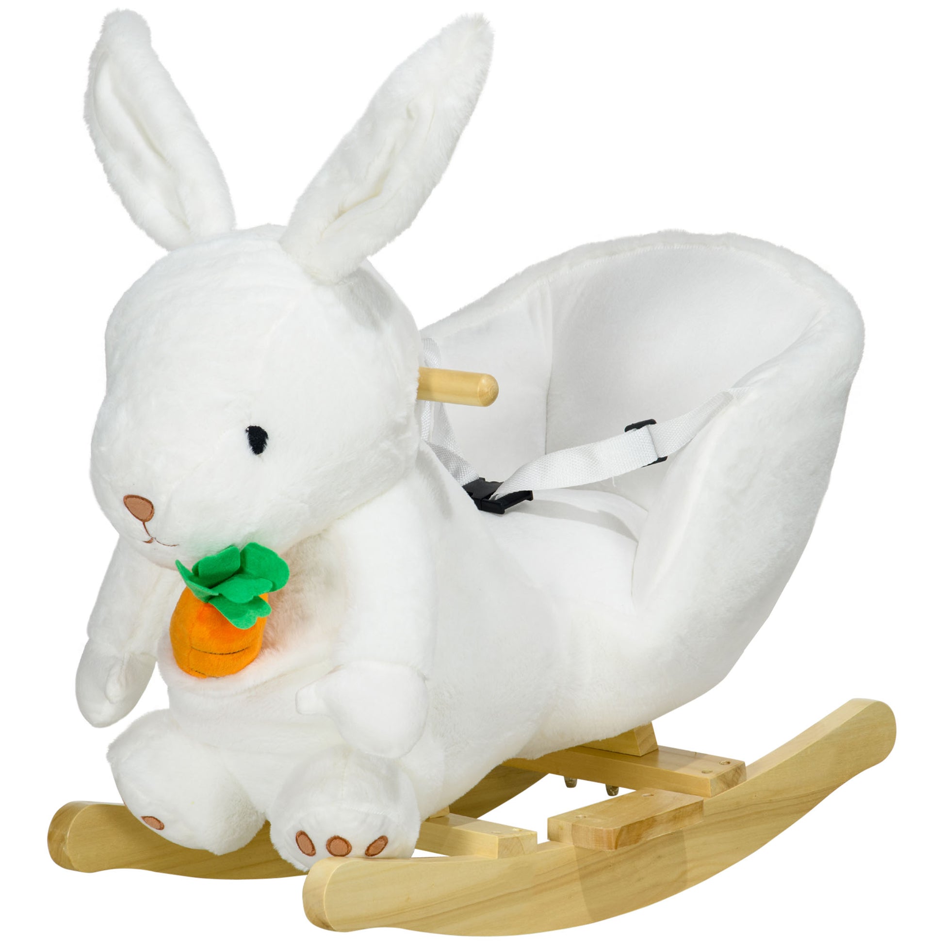 White plush bunny rocker with carrot featuring wooden base and safety straps