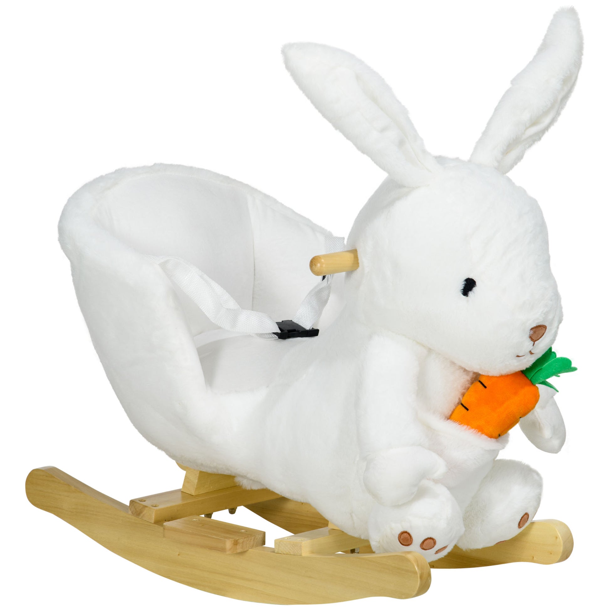 White plush bunny rocker with a carrot featuring wooden base and safety strap