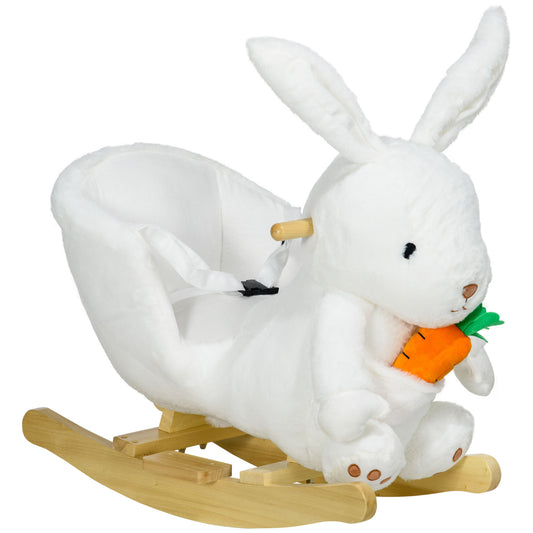White plush bunny rocker with a carrot featuring wooden base and safety strap