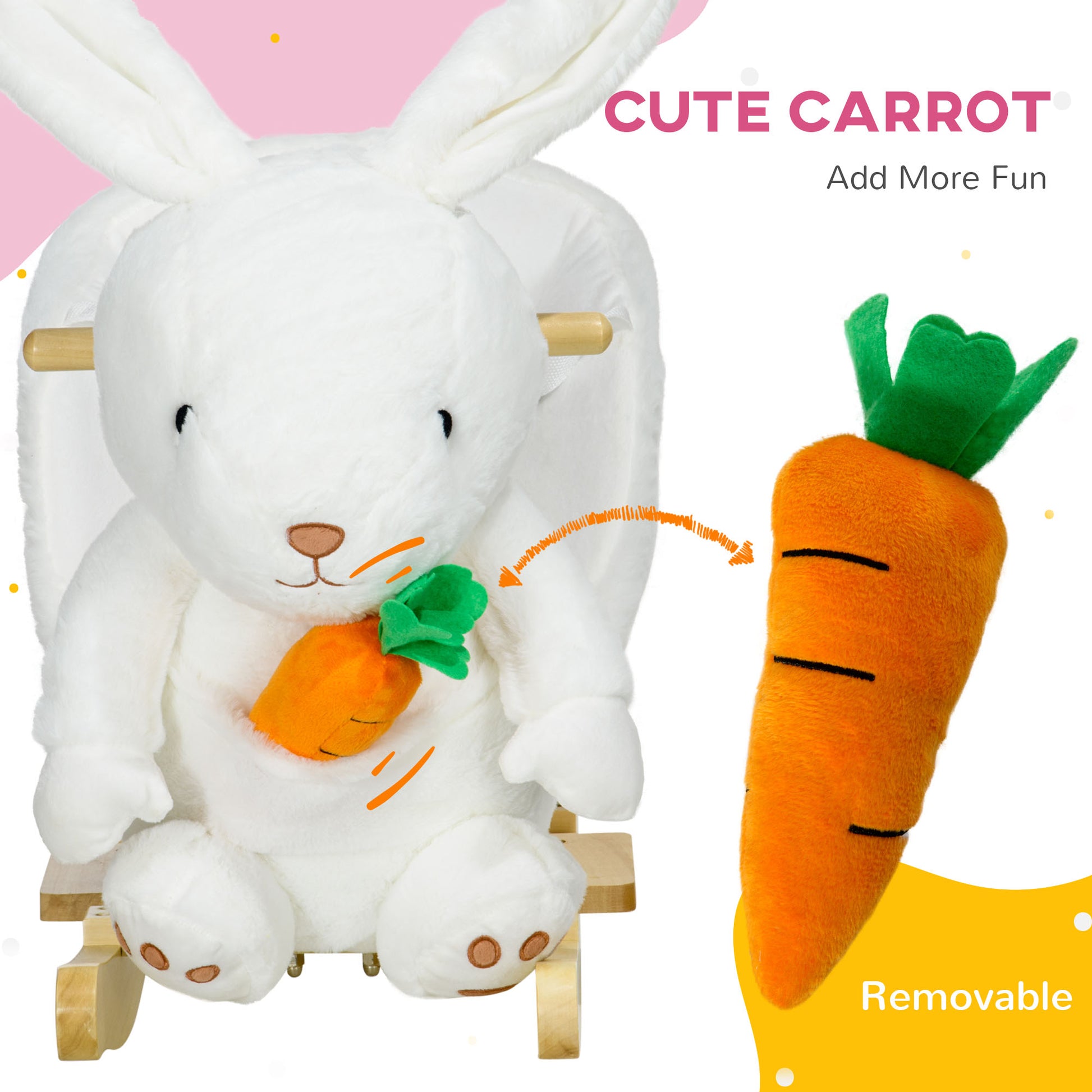 Plush white rocking bunny toy with a removable orange carrot accessory
