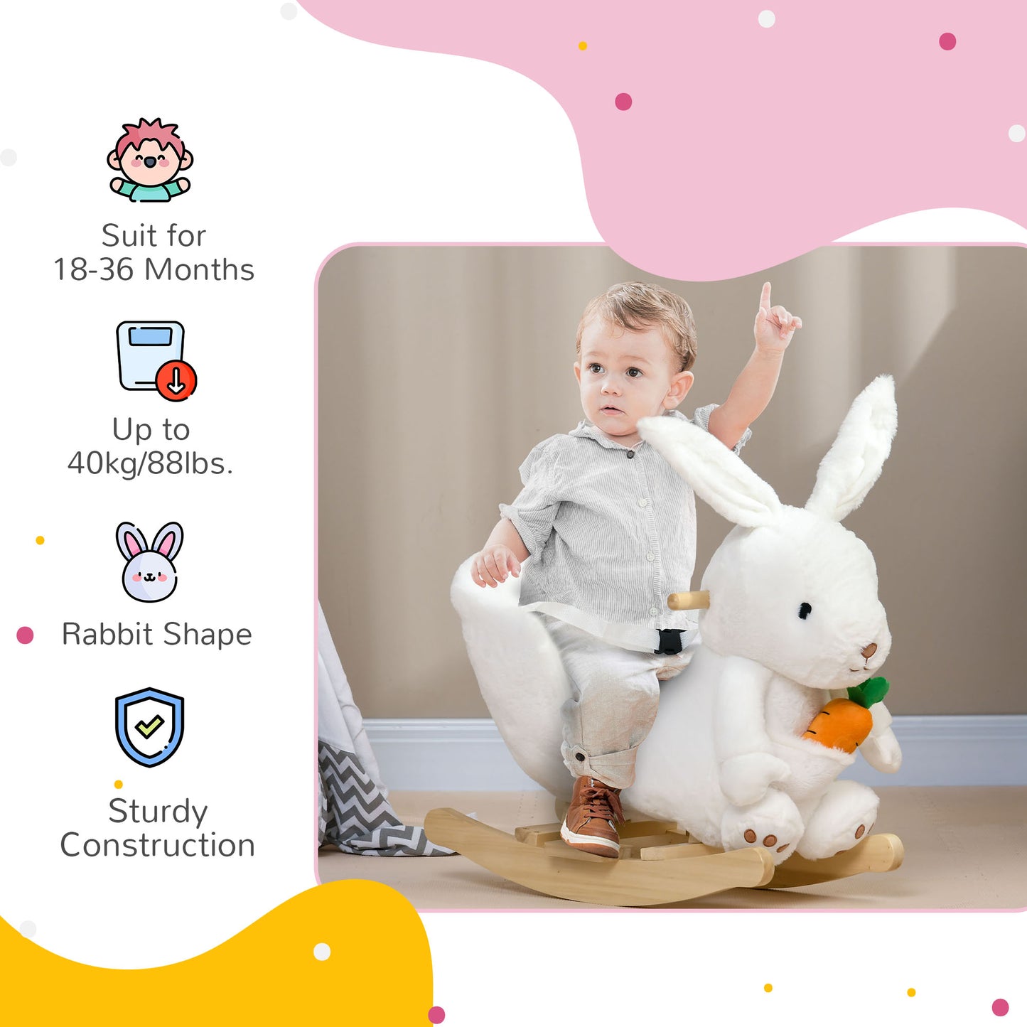 Fluffy white plush bunny rocking horse with carrot for toddlers  months