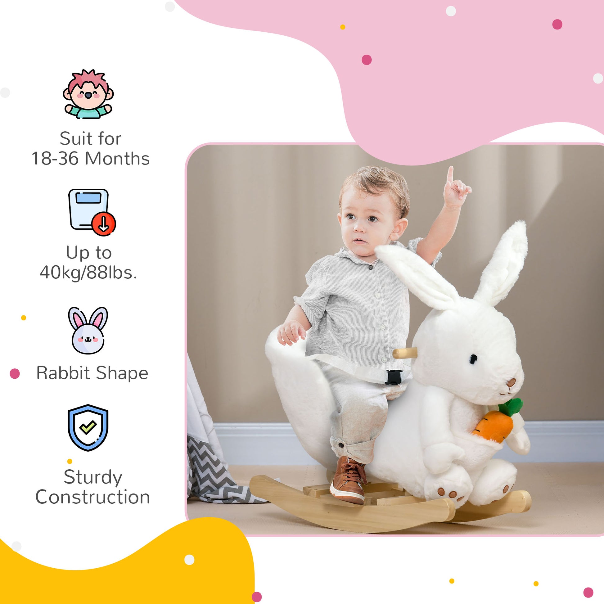 Fluffy white plush bunny rocking horse with carrot for toddlers  months