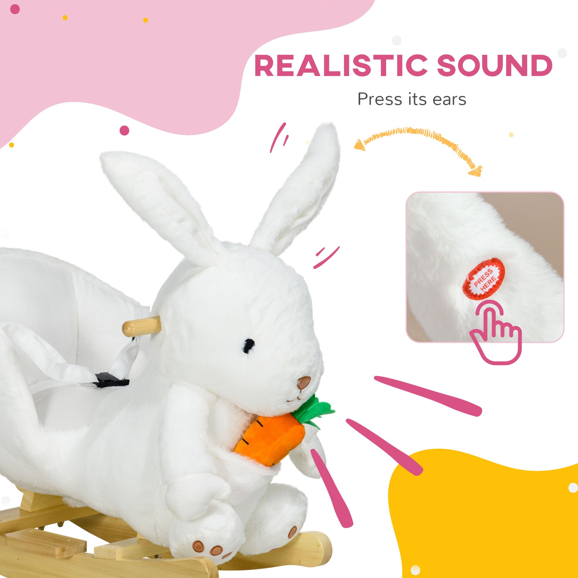White plush bunny rocker with carrot press ear for realistic sound