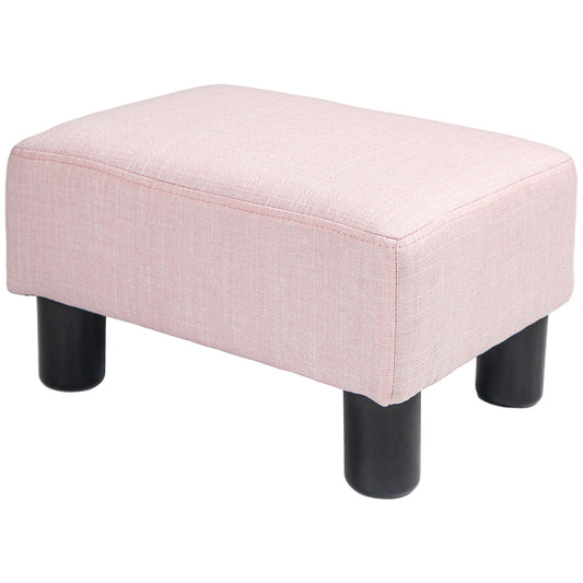 Pink upholstered ottoman with four black cylindrical legs perfect for footrest