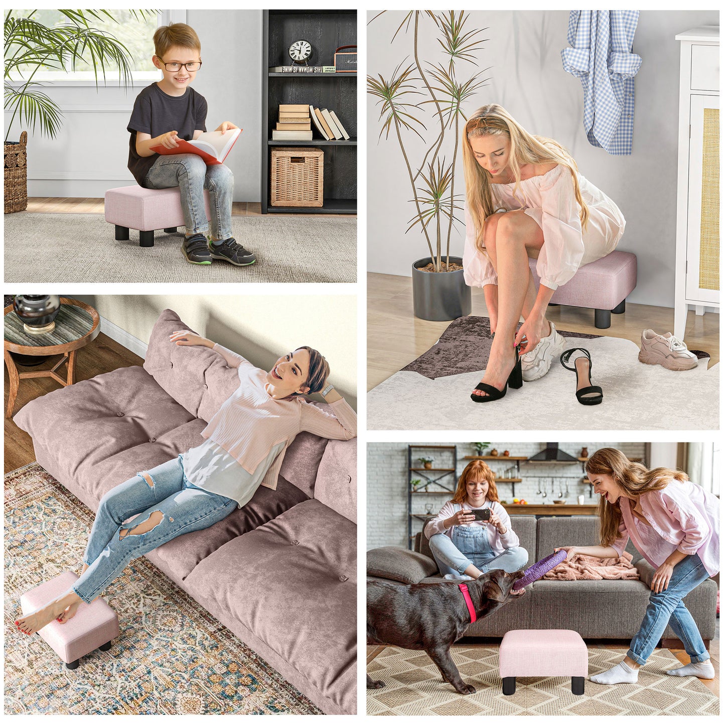 Pink upholstered footstool with black legs ideal for a reading nook