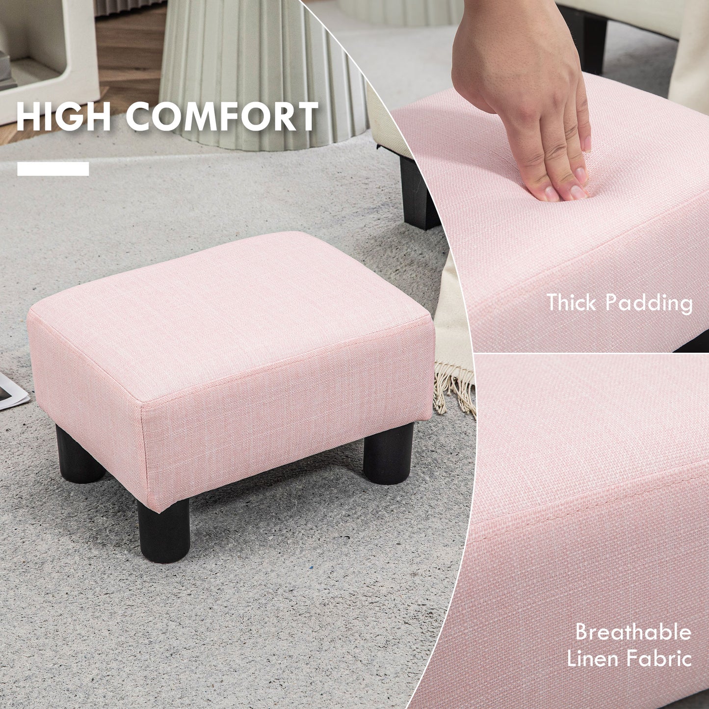 Pink linen fabric ottoman with thick padding and black legs
