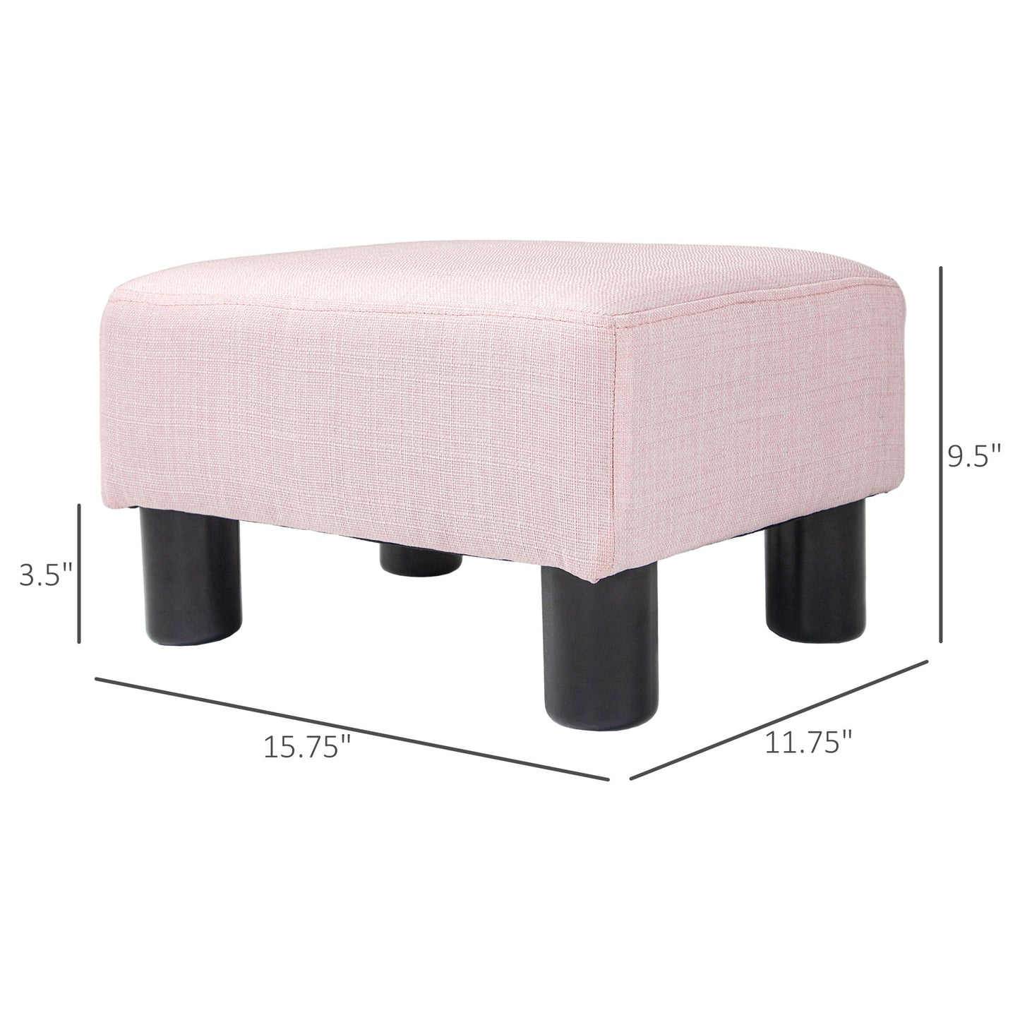 Soft pink linen ottoman with four black tapered legs ideal for footrest