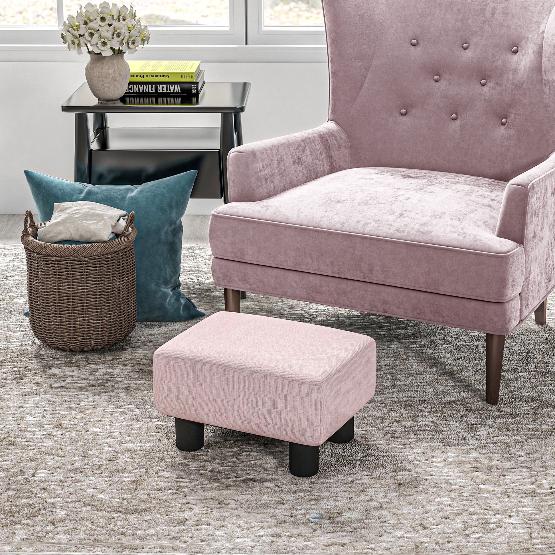Dusty rose velvet armchair with tufted back and plush seating
