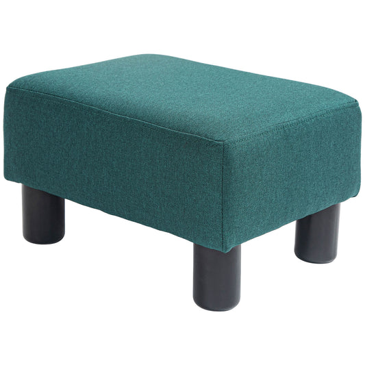 Teal fabric ottoman with modern dark wood legs perfect as a footrest or extra seating