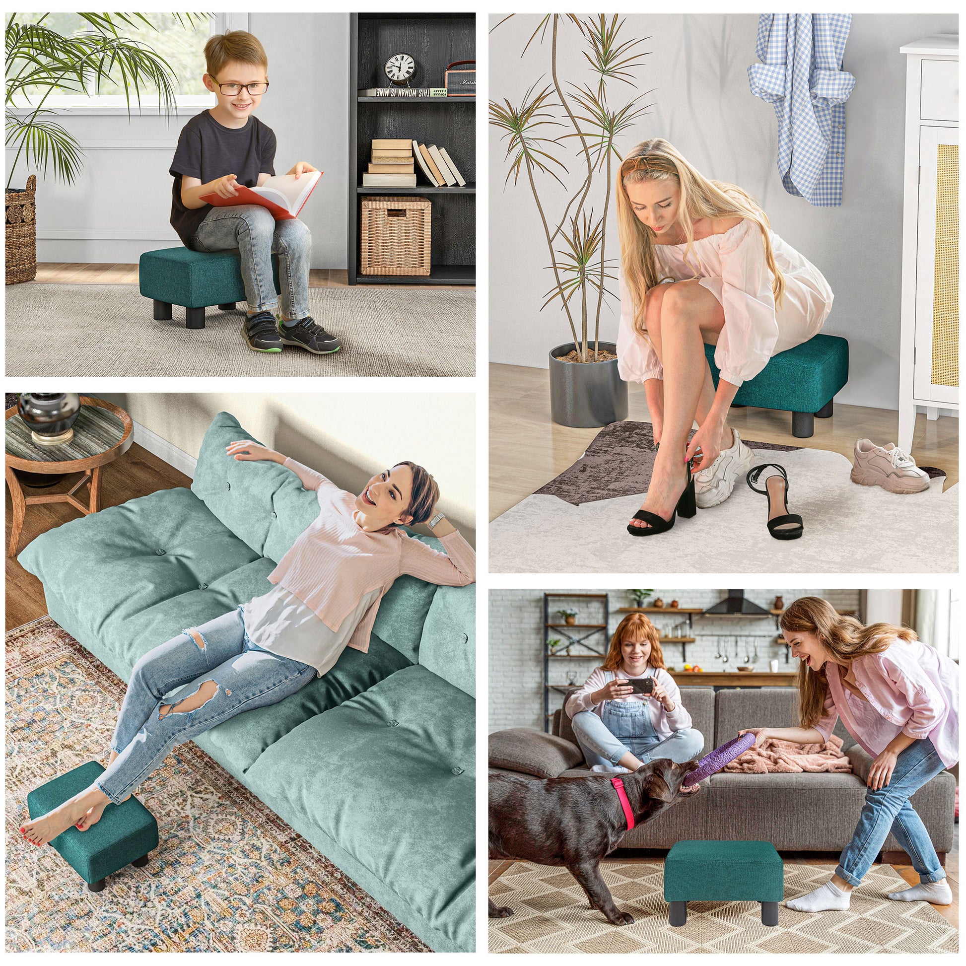 Teal fabric ottoman with dark wooden legs a stylish accent furniture piece