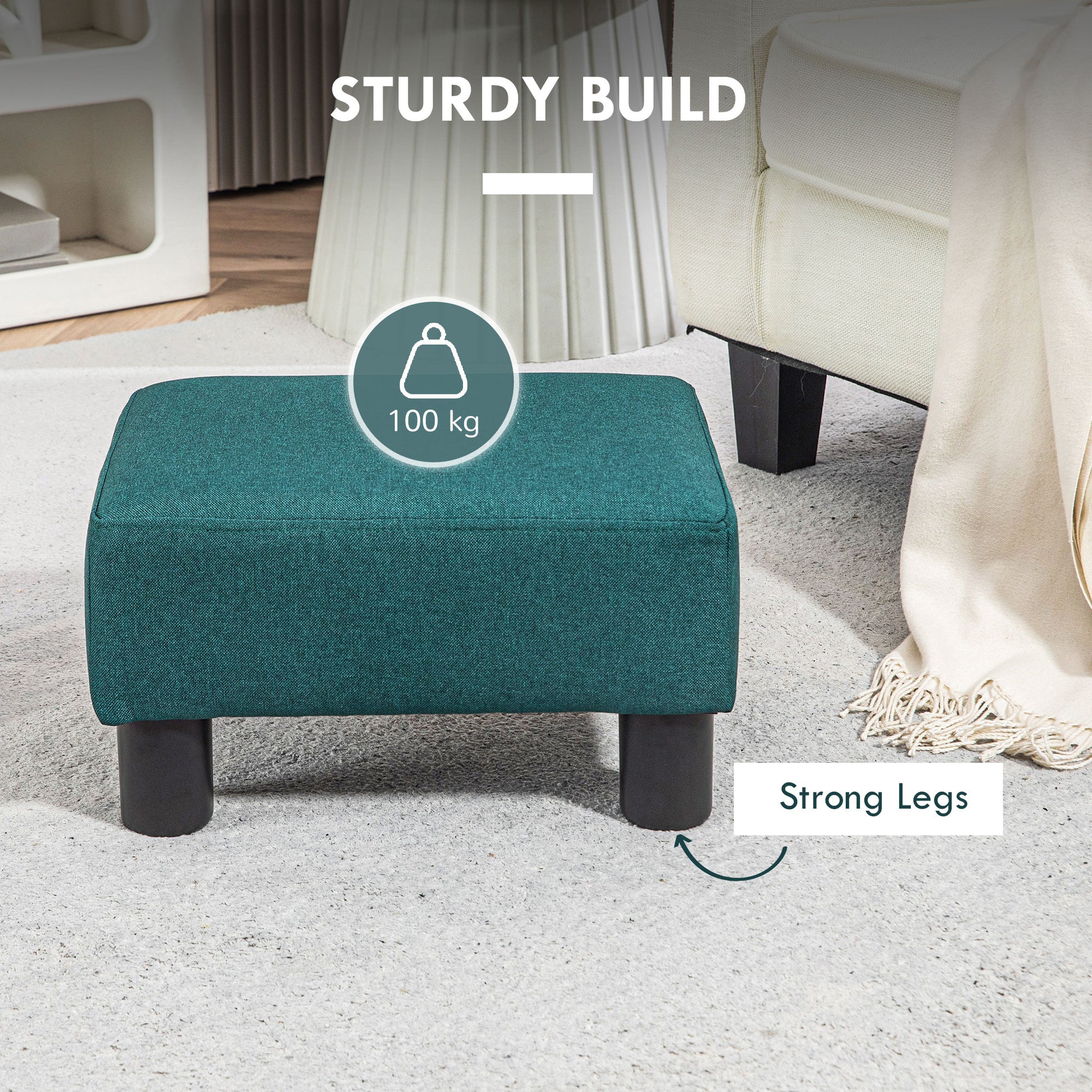 Teal upholstered ottoman with sturdy build and dark wooden legs