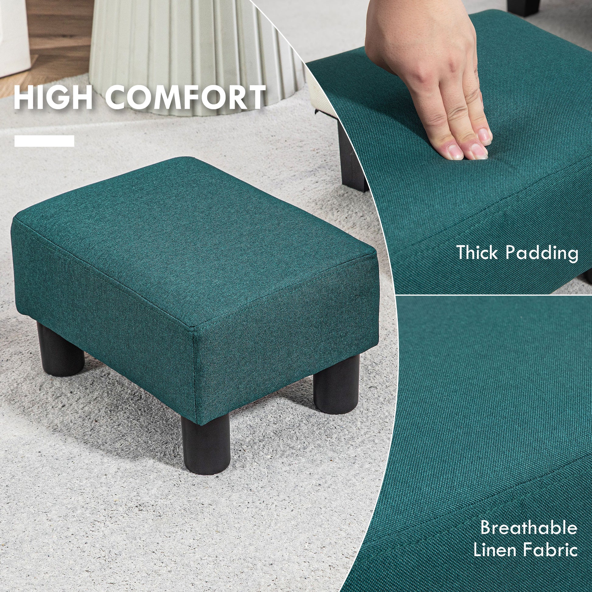 Teal upholstered footstool with thick padding and breathable linen fabric