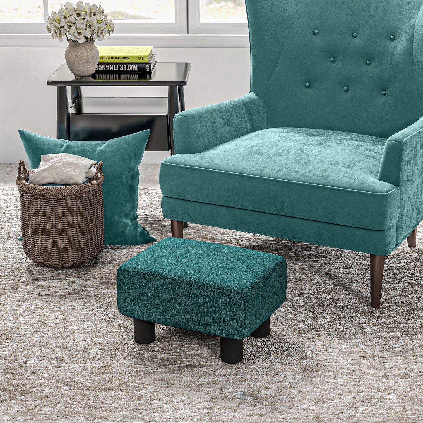 Teal velvet wingback armchair with tufted backrest and dark wood legs a stylish accent chair