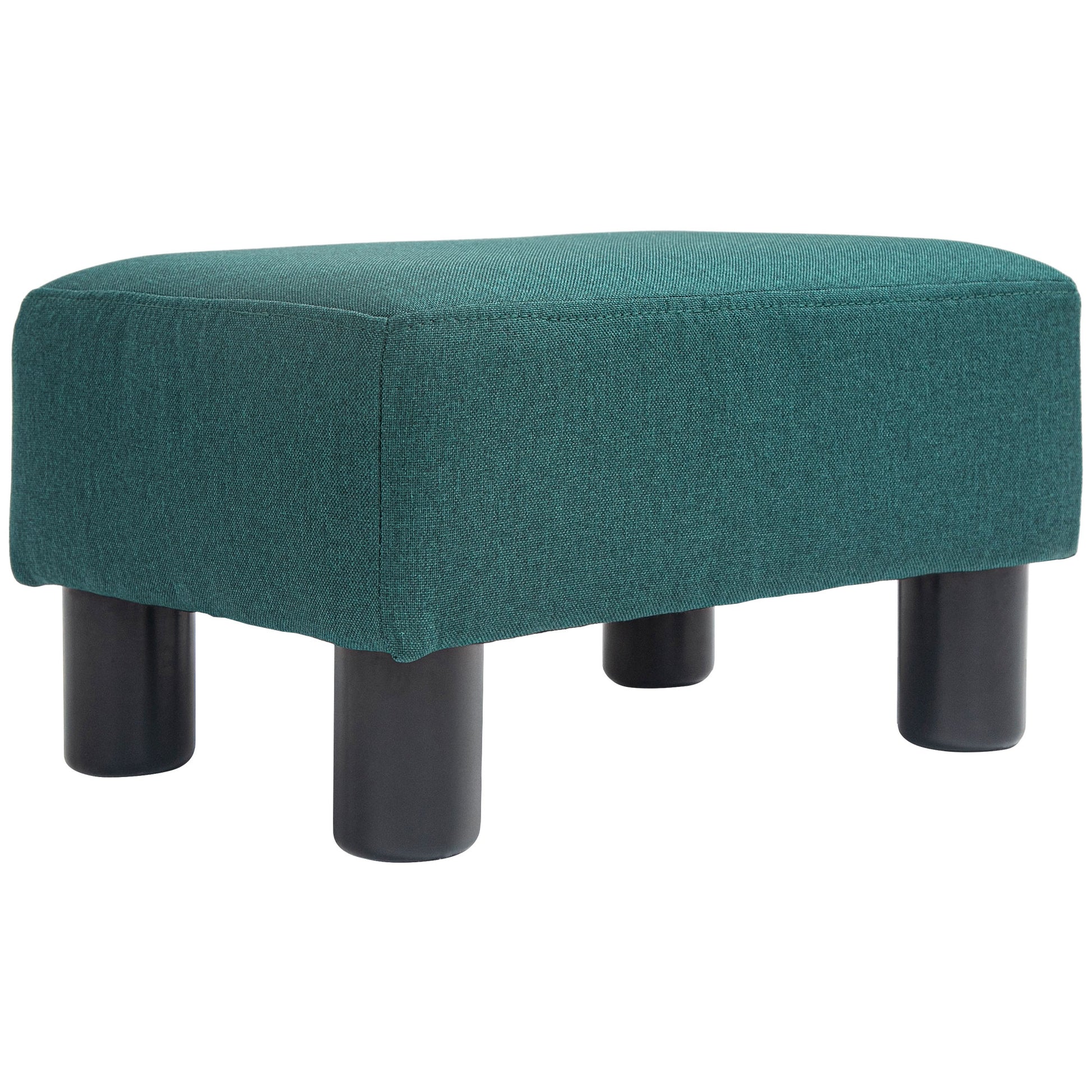 Teal fabric ottoman with four black cylindrical legs