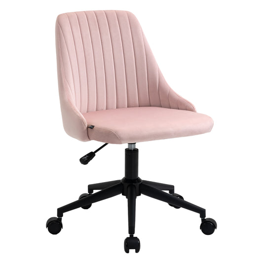 Pink velvet office chair with channeled back and black rolling base
