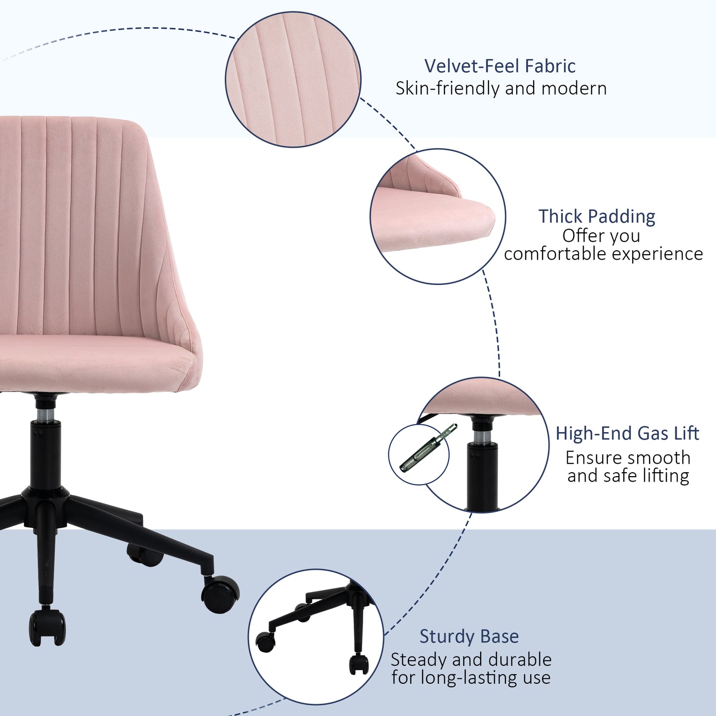 Pink velvet office chair with channel tufting and plush cushioning for comfort