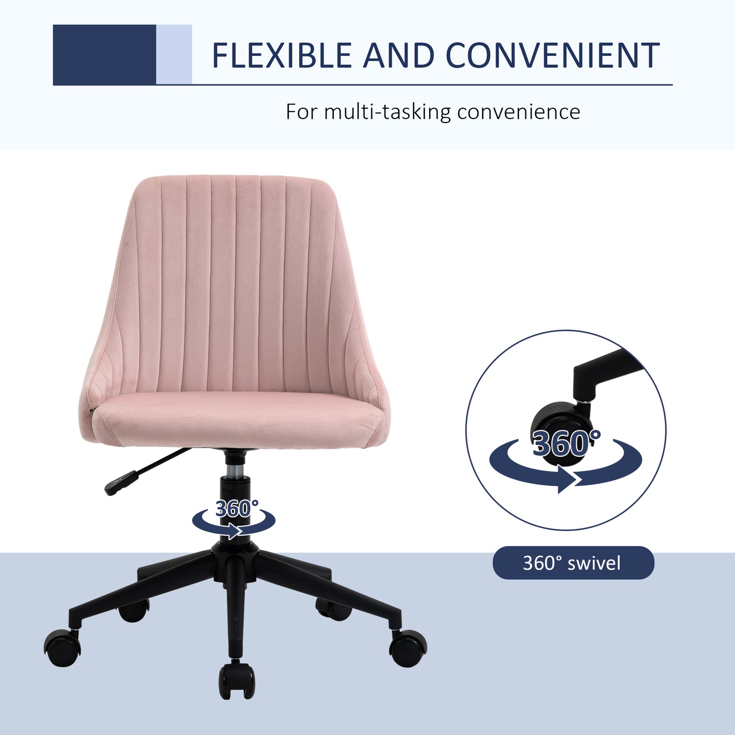 Pink velvet accent chair with plush channel tufting and a swivel base